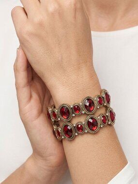 Vintage 90s Napier Garnet Red Crystal Stretch Bracelets Gold Tone Victorian x 2